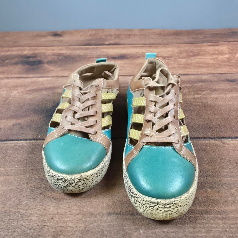 L'Artiste Porscha Sneakers Womens 39 Teal Tan Good Leather Cutout Platform Shoes